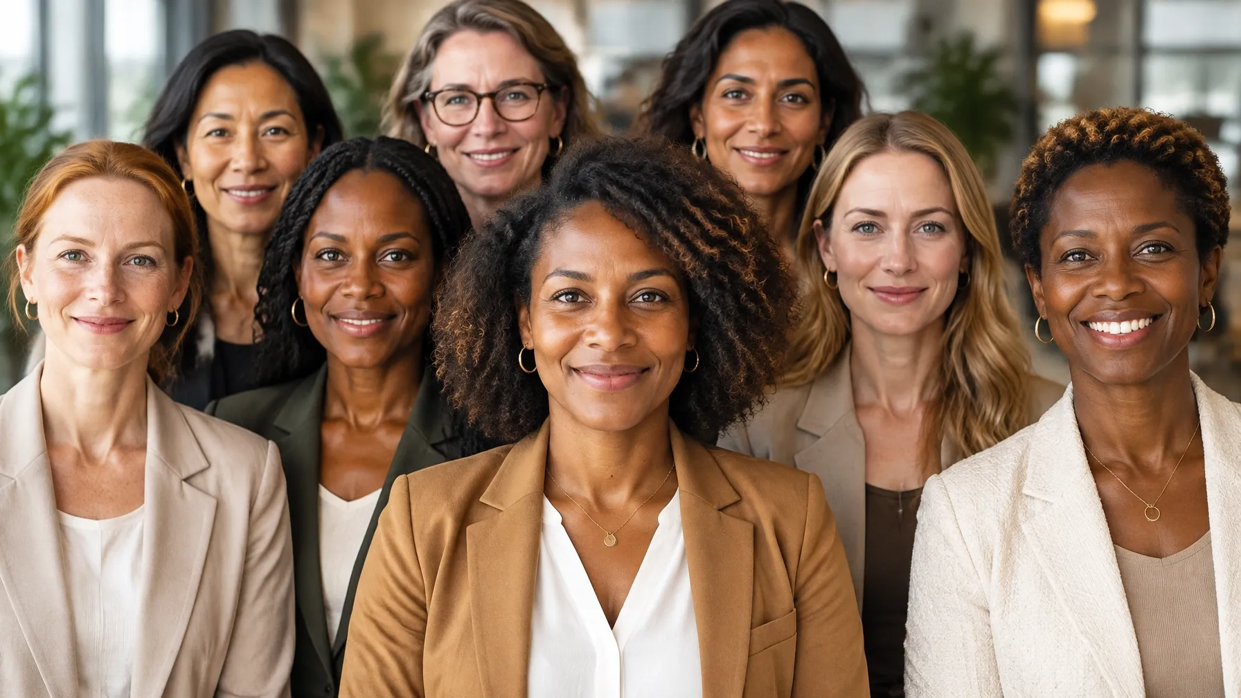 A diverse group of women standing together in a warm, supportive community